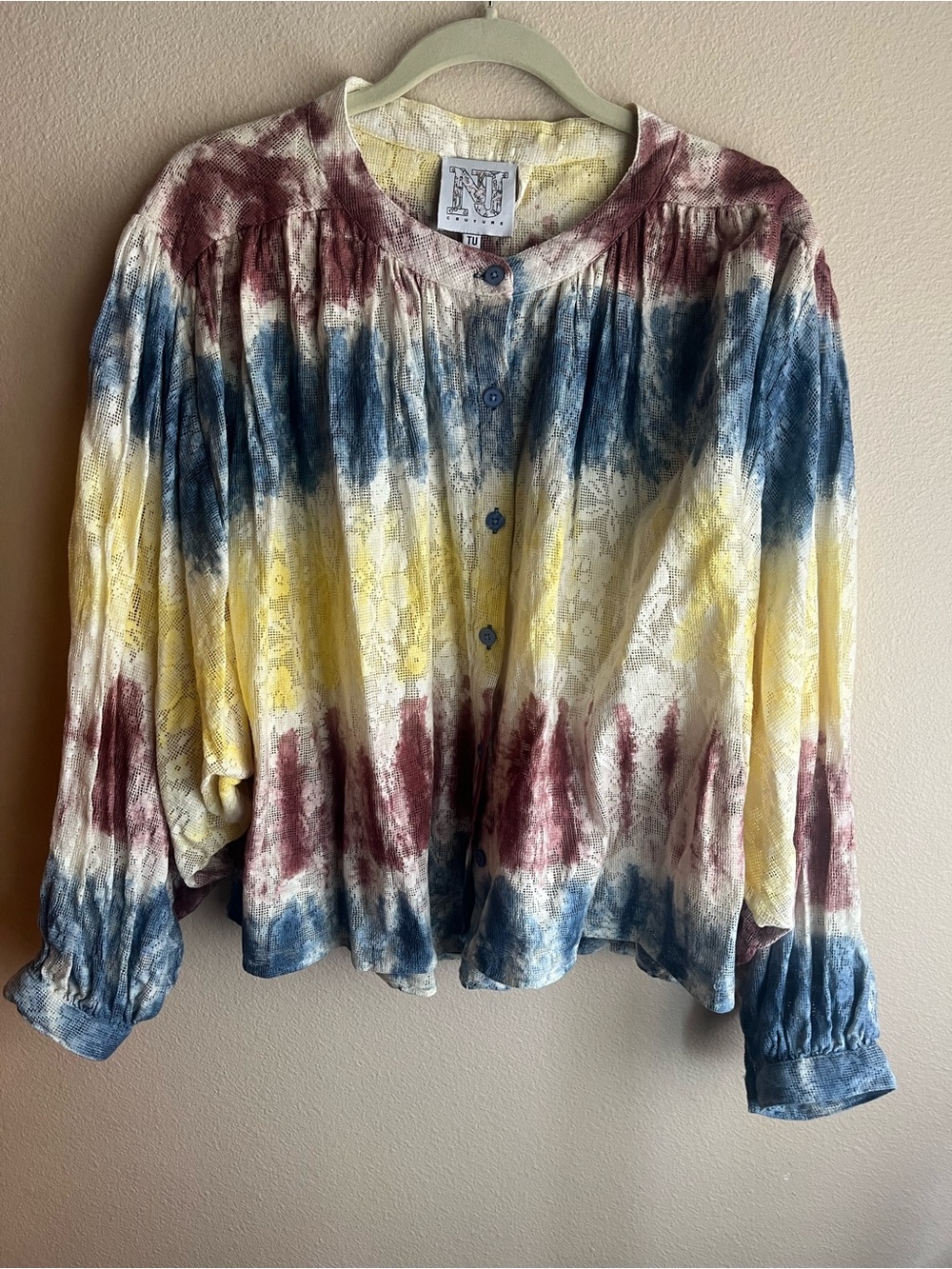 Tie-Dye Lace Button-Front Blouse in Yellow, Blue & Burgundy